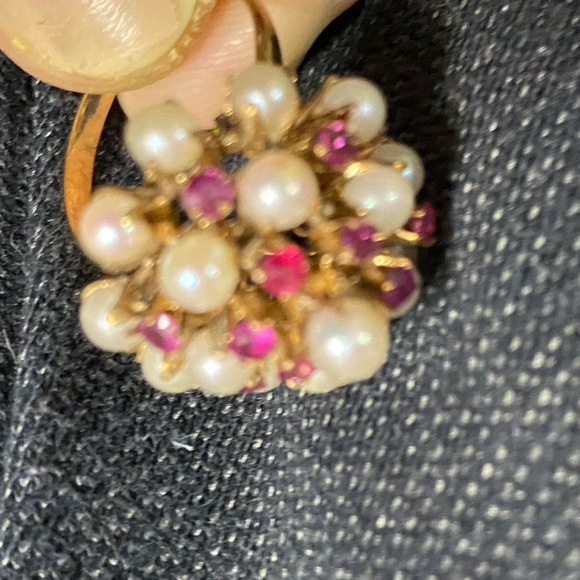 Size 5/6. Antique 18K yellow gold ring with real pearls & pink sapphires. Rare - Picture 3 of 6